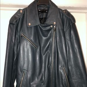 Blue real leather oversize coat